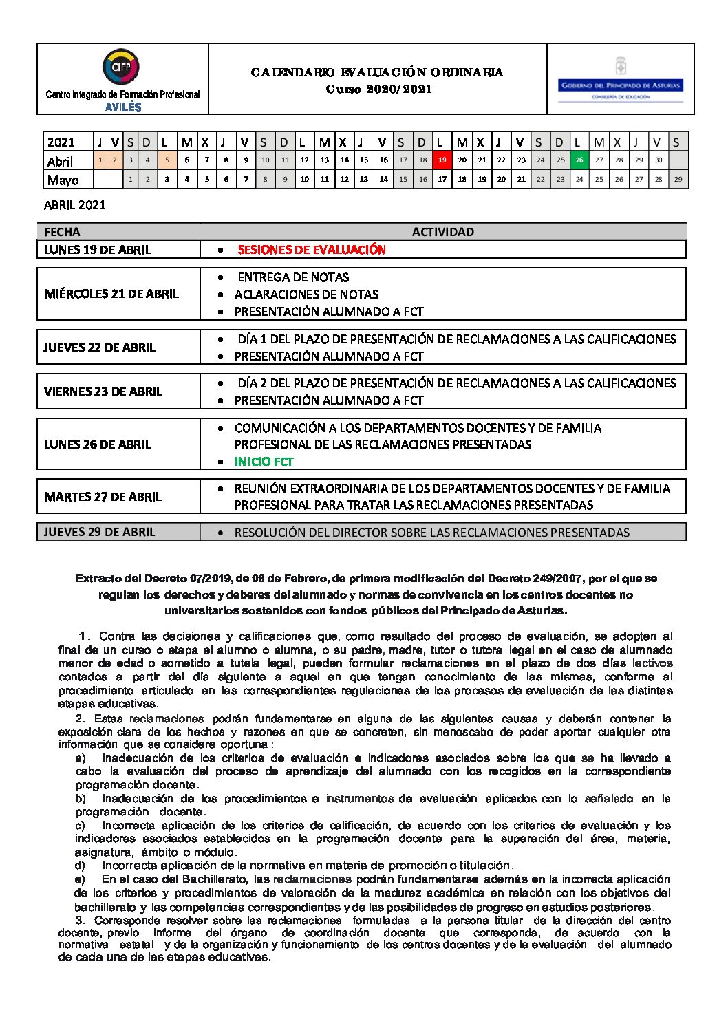 CALENDARIO ACTUACIONES ABRIL